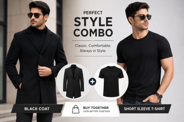 Black Coat & Short Sleeve T-Shirt Combo | Stylish Casual Outfit for Men